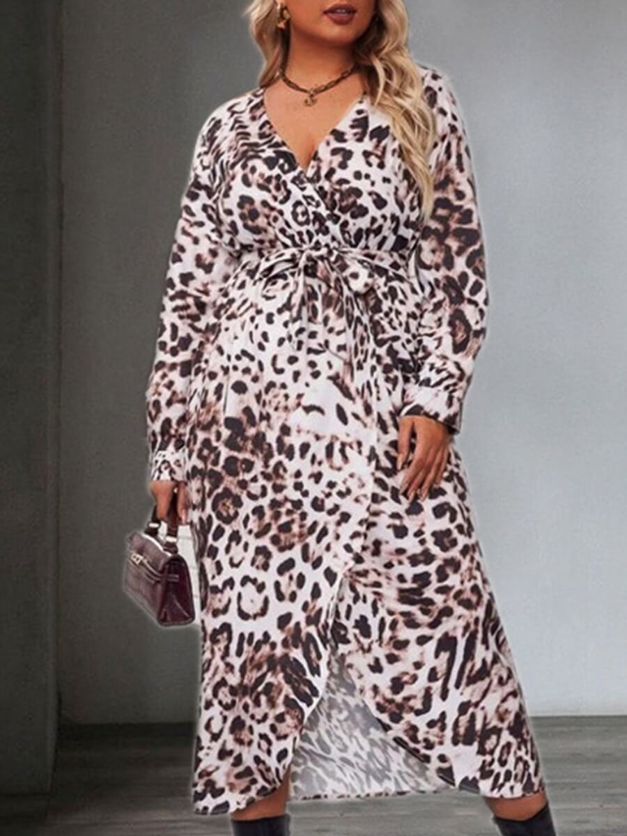

Lovely Casual V Neck Animal Print Asymmetrical Lace-up Leopard Mid Calf Plus Size Dress