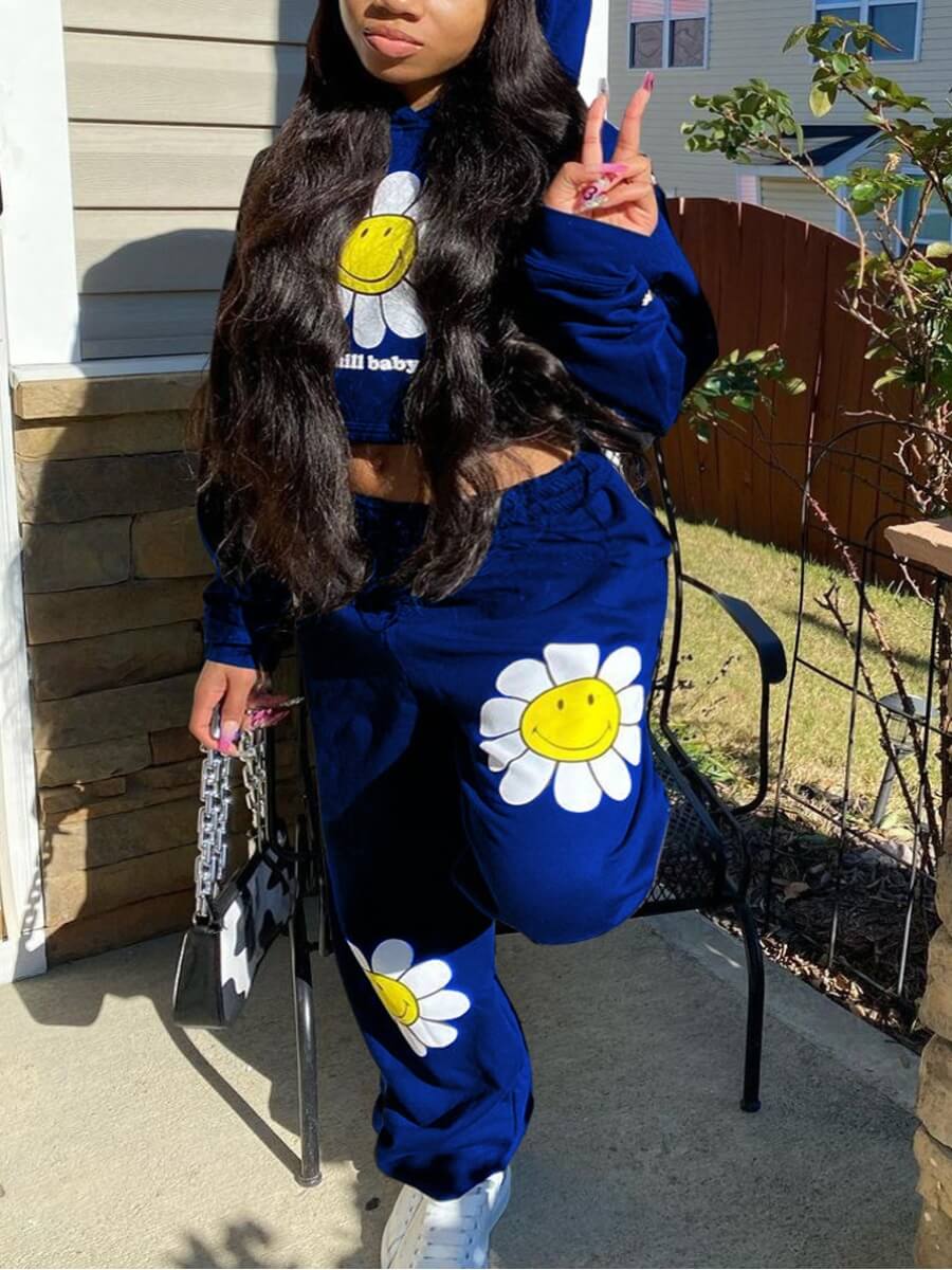 

Lovely Chic Hooded Collar Print Blue Two Piece Pants Set