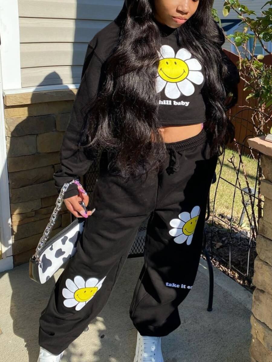 

Lovely Chic Hooded Collar Print Black Two Piece Pants Set