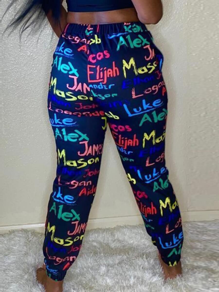 

Lovely Leisure Mid Waist Letter Print Blue Pants