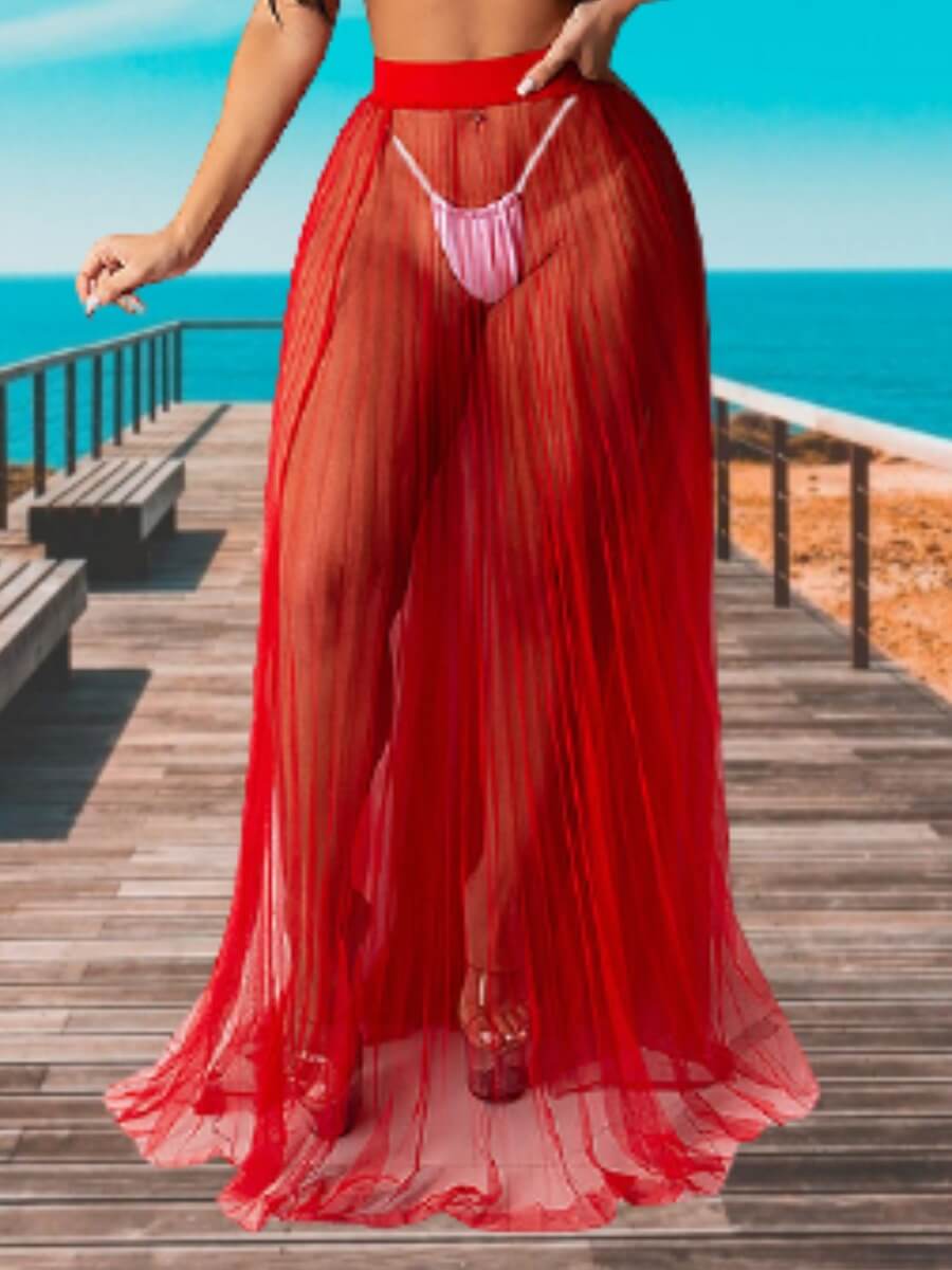 

Lovely Casual Pleated See-through Red Cover-up