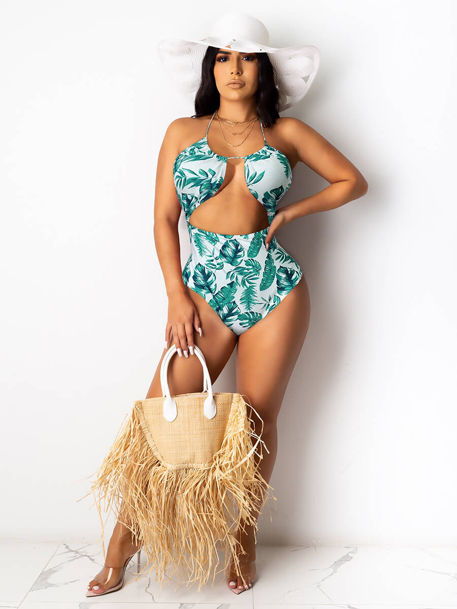 

Lovely Sexy Print Hollow-ut Green One-piece Swimsuit