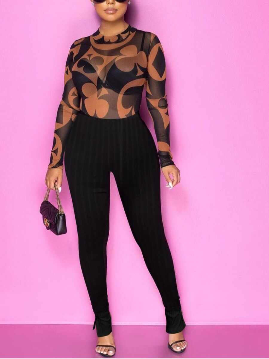 

Lovely Sexy O Neck See-through Print Black Two Piece Pants Set