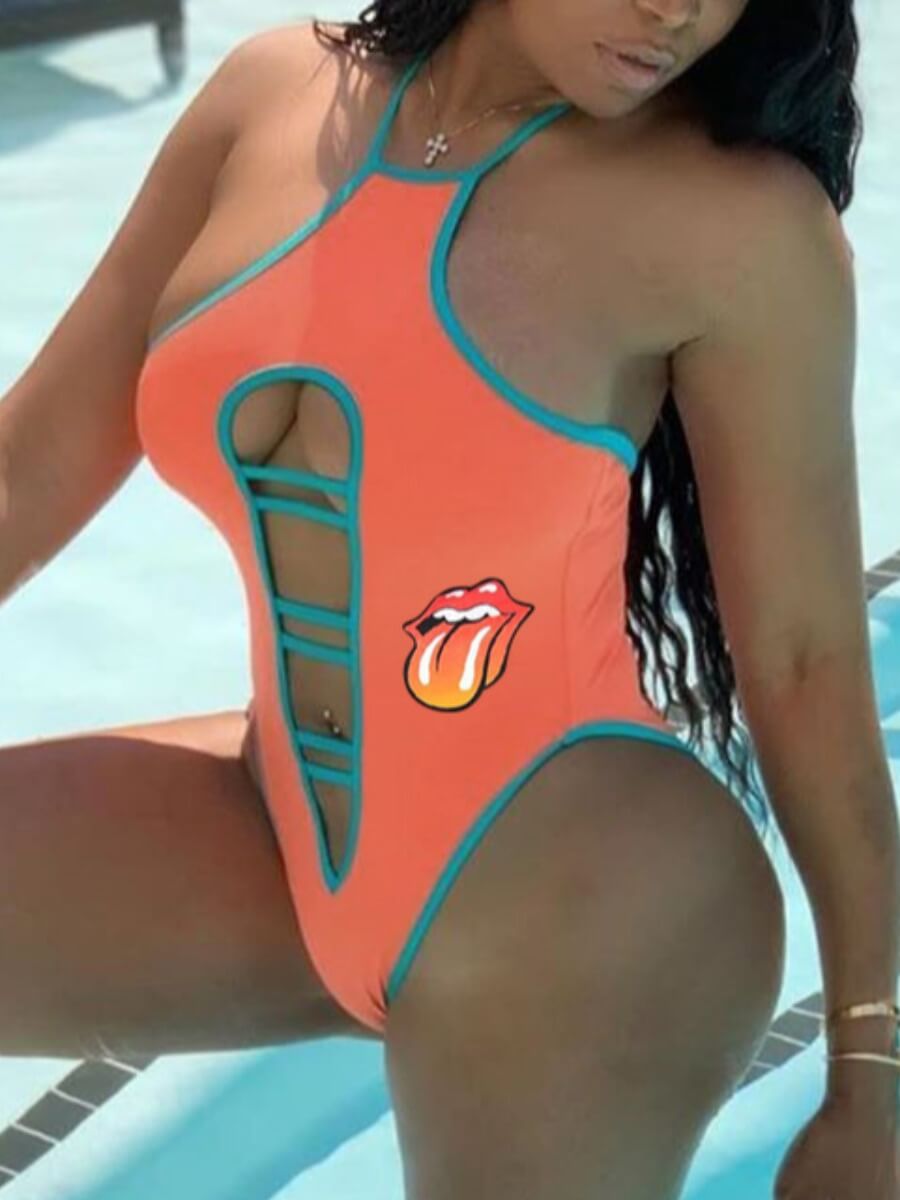

Lovely Sexy Lip Print Bandage Hollow-out Design Green One-piece Swimsuit, Orange
