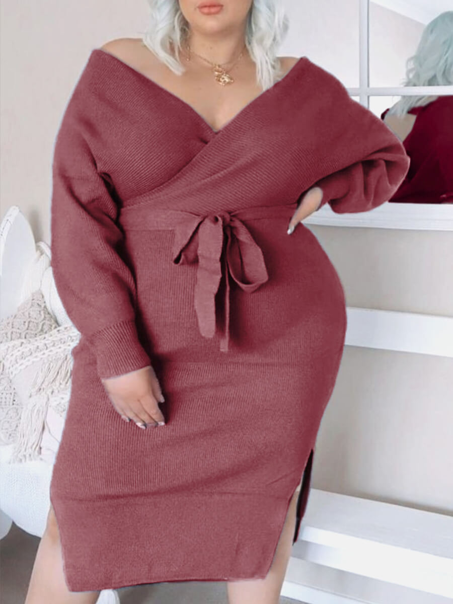 

Lovely Elegant V Neck Side Slit Bandage Design Rose Red Knee Length Plus Size Dress