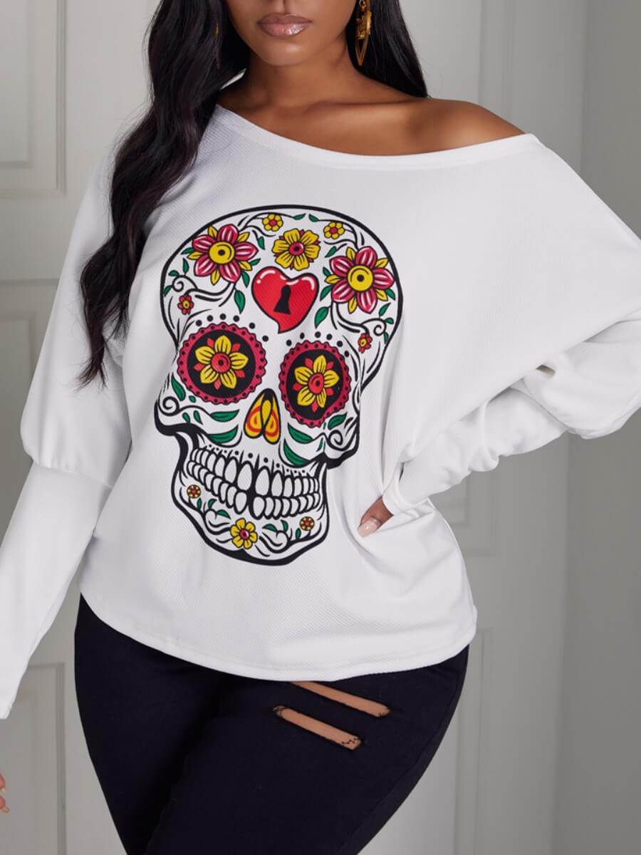 

Lovely Trendy Dropped Shoulder Skull Floral Print White T-shirt