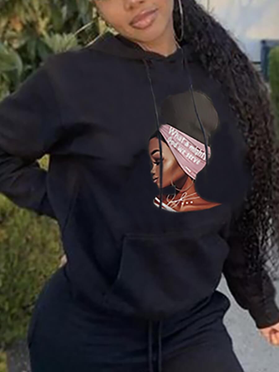 

Lovely Casual Face Print Kangaroo Pocket Black Hoodie