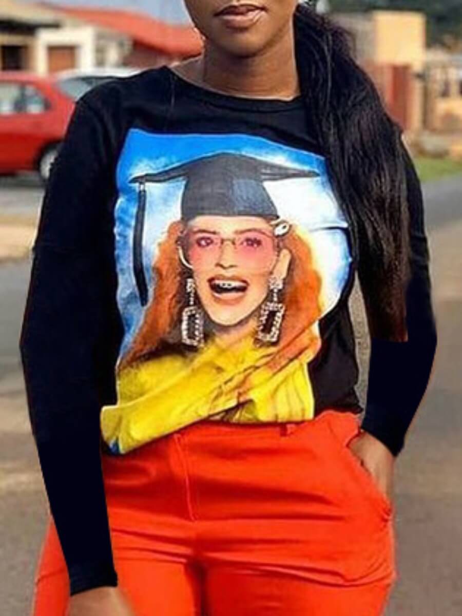 

Lovely Street Graduation Print Patchwork Black T-shirt
