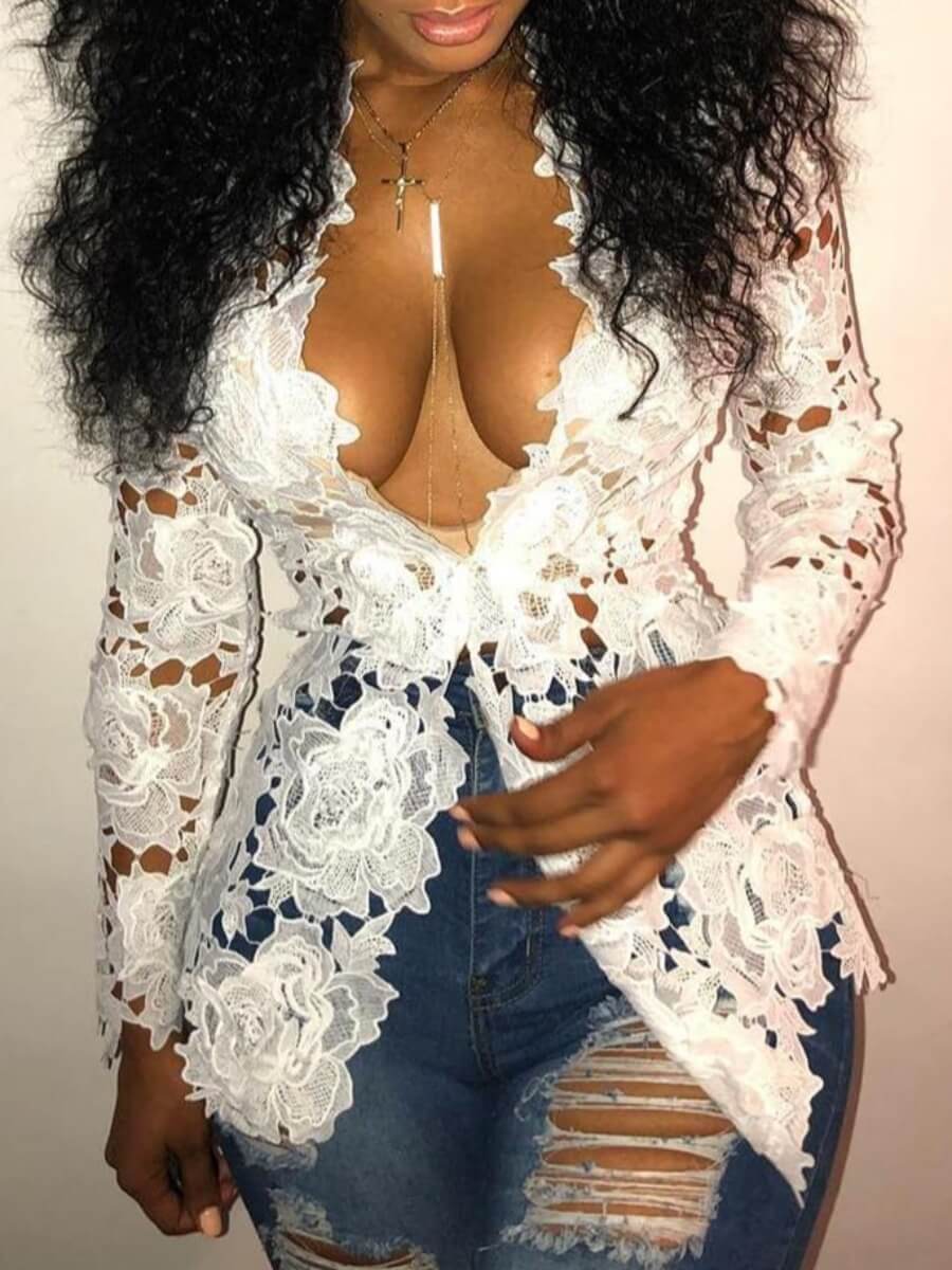 

Lovely Sexy Deep V Neck Floral Hollow-out White Blouse