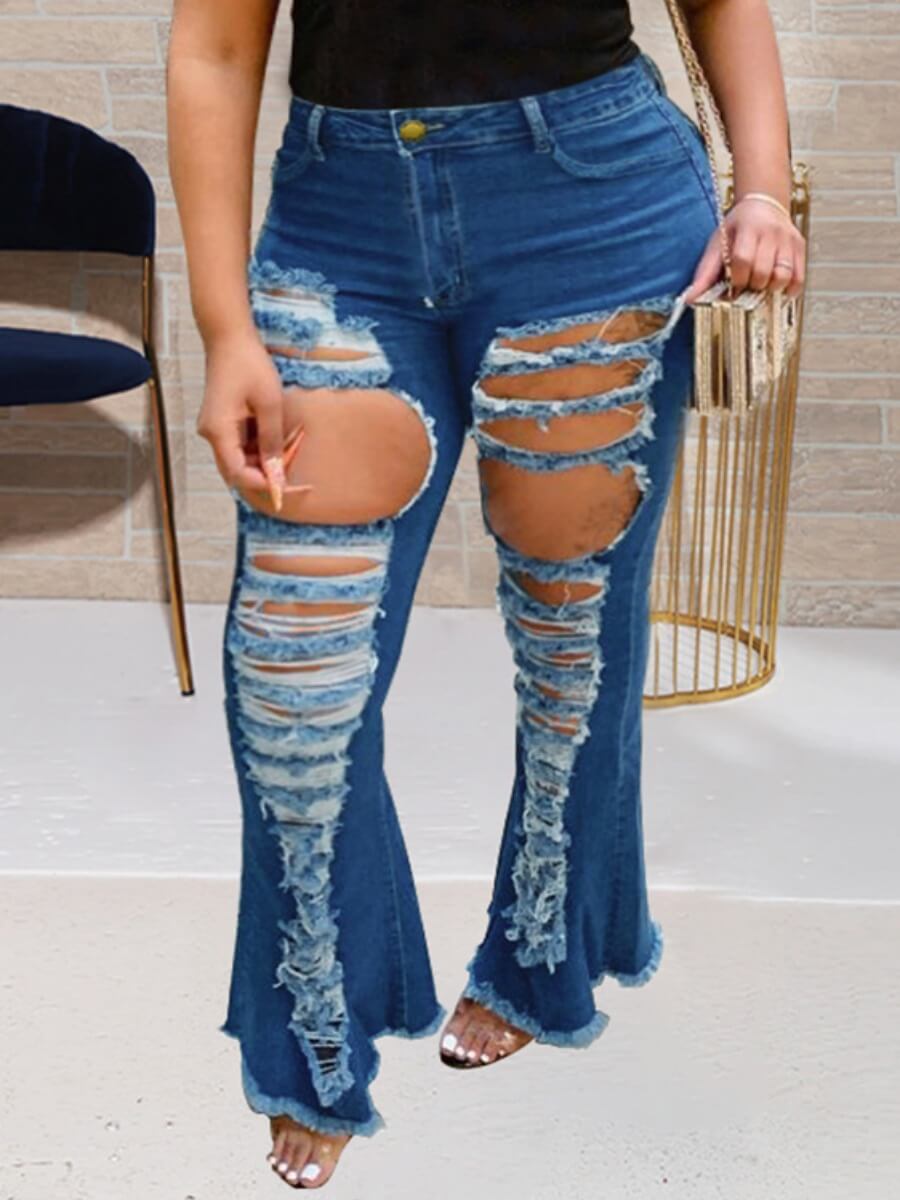 

Lovely Casual High-waisted Broken Holes Deep Blue Plus Size Jeans