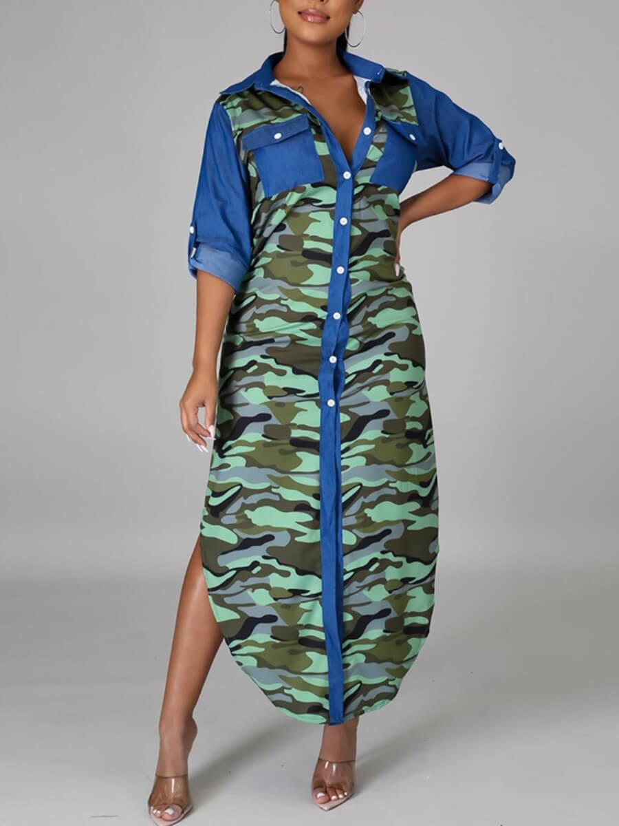 

Lovely Casual Turndown Collar Patchwork Camo Print Army Green Mid Calf Shirt Dress, Army green camouflag