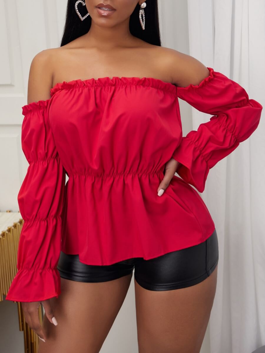 

Lovely Casual Off The Shoulder Fold Design Red Blouse