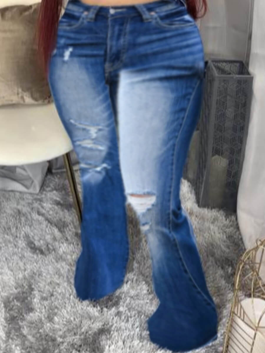 

Lovely Street Broken Holes Flared Raw Edge Blue Jeans