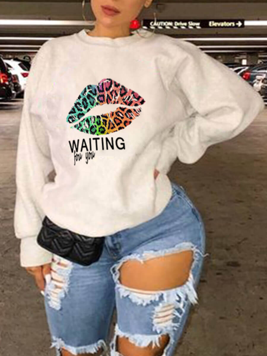 

Lovely Casual O Neck Print White Plus Size Hoodie