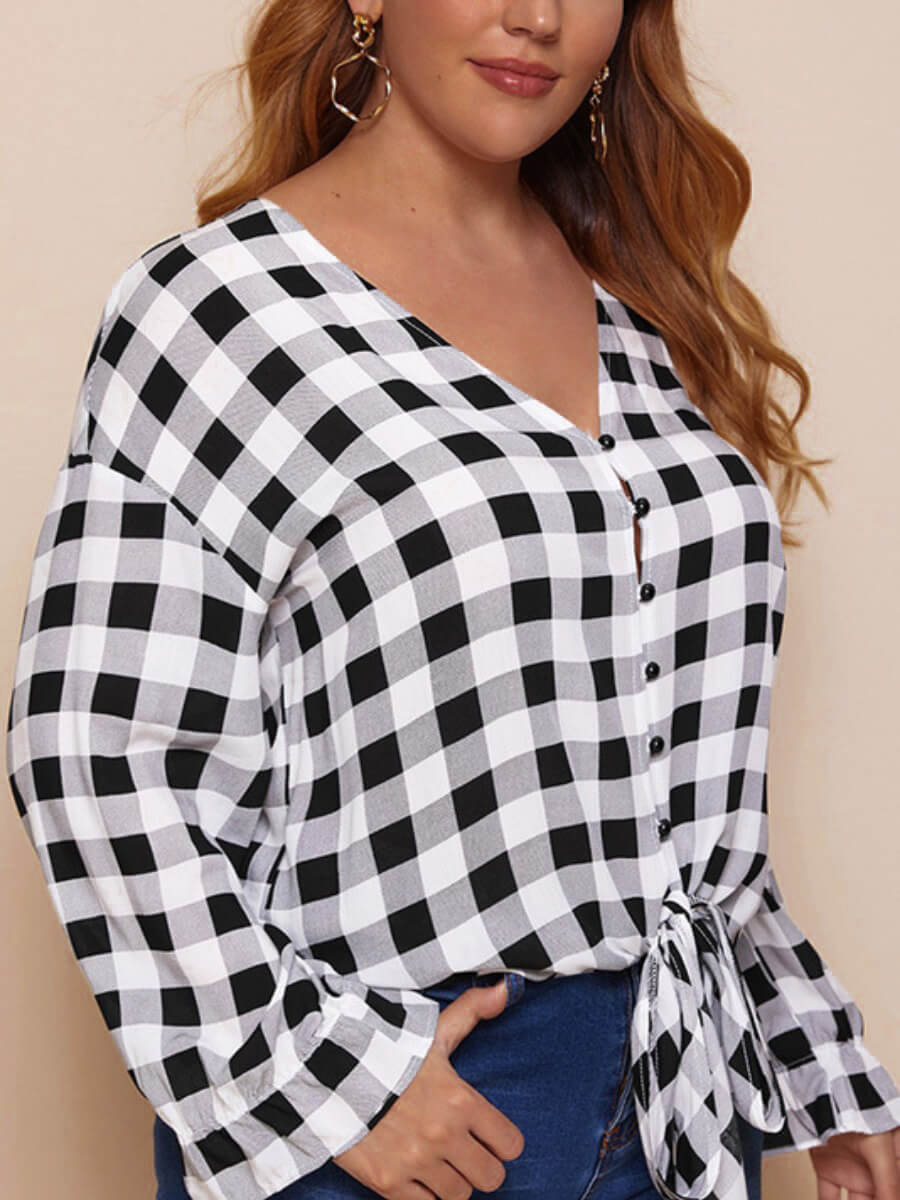

Lovely Casual V Neck Plaid Print White Plus Size Blouse