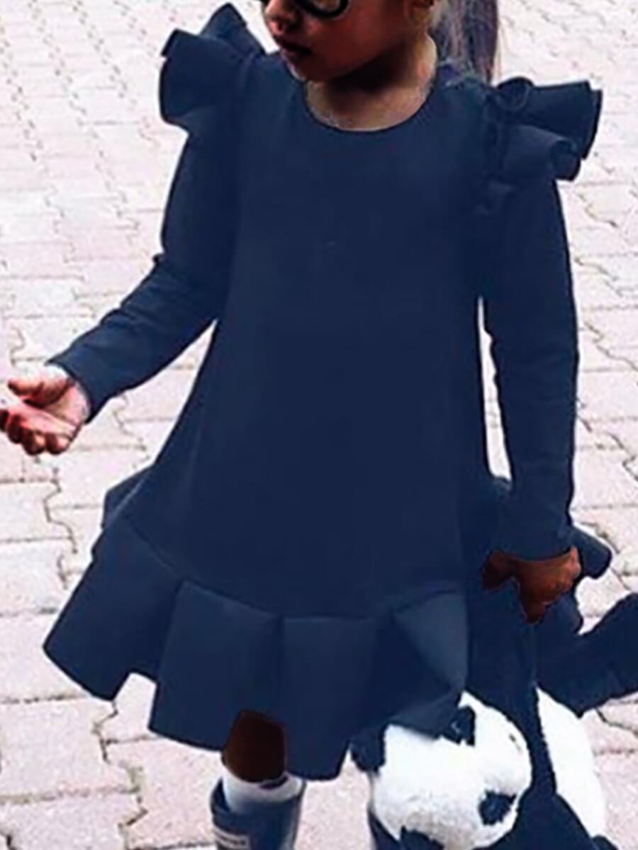 

Lovely Sweet O Neck Ruffle Design Dark Blue Girl Knee Length Dress