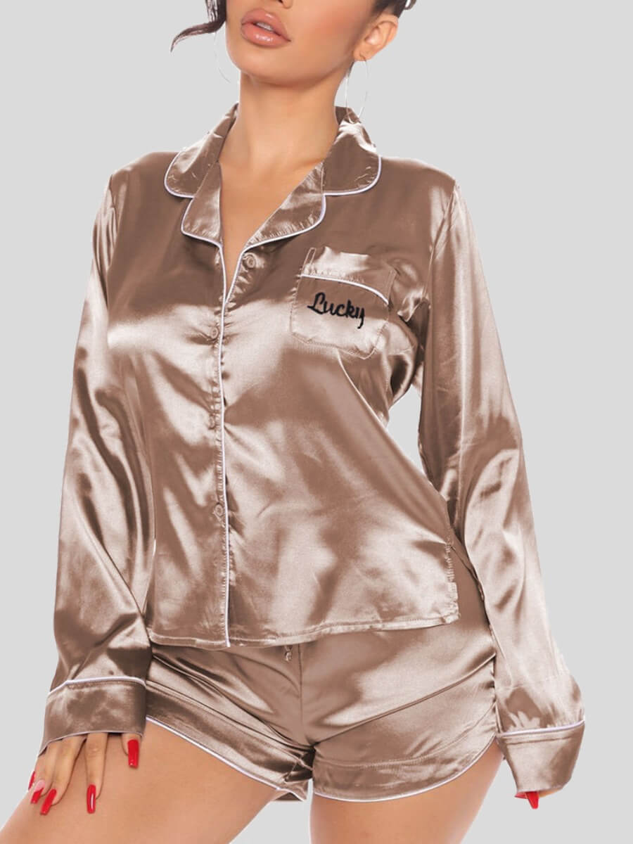 

Lovely Casual Turndown Collar Print Khaki Sleepwear