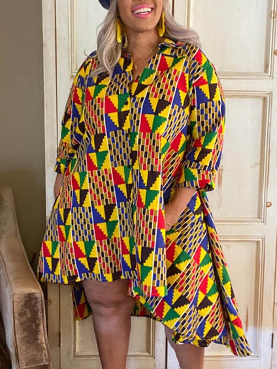 

Lovely Plus Size Bohemian Turndown Collar Geometric Print Asymmetrical Multicolor Mid Calf Dress, Multi