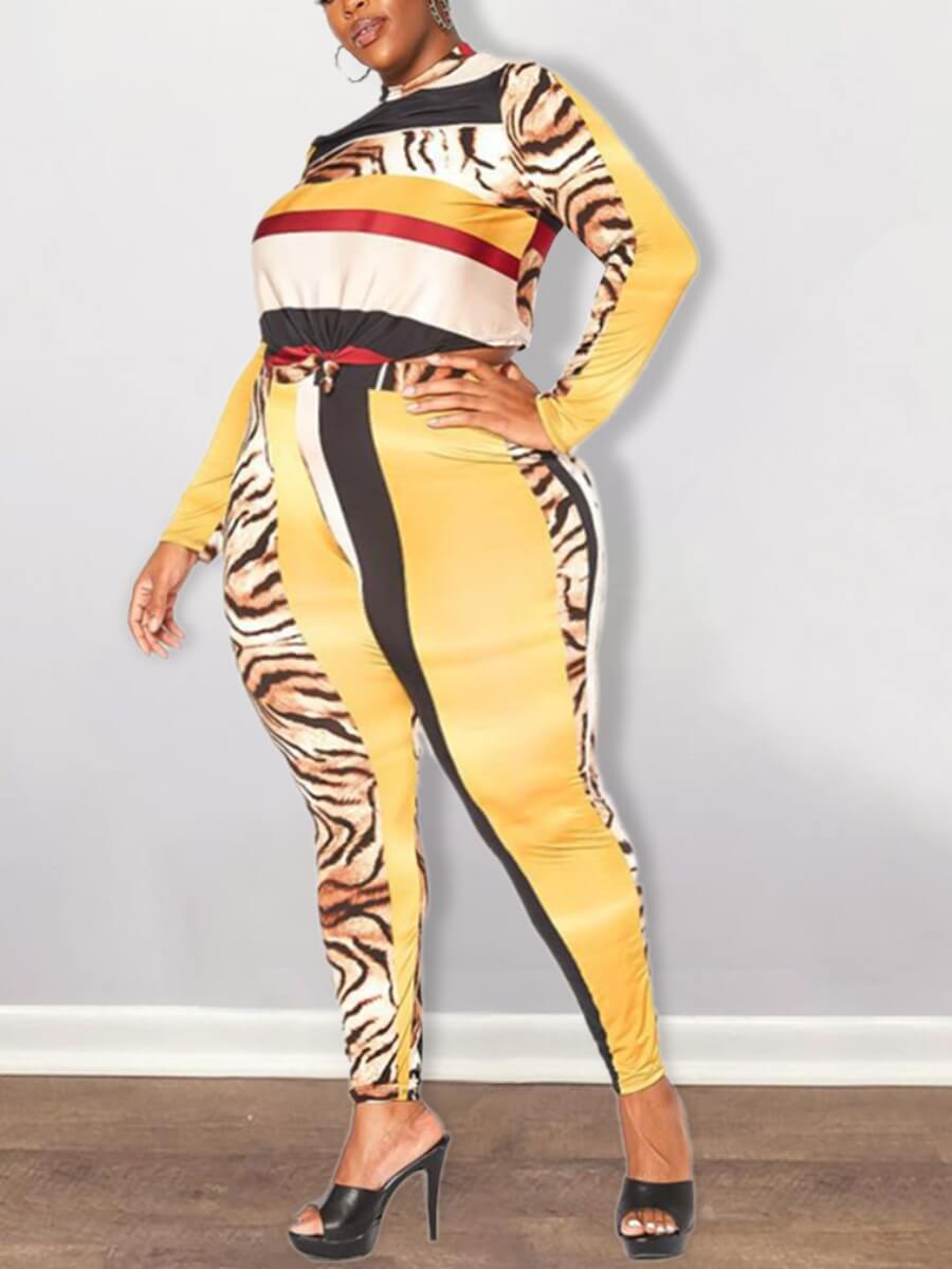 

Lovely Casual Half A Turtleneck Print Patchwork Multicolor Plus Size Two-piece Pants Set, Multi