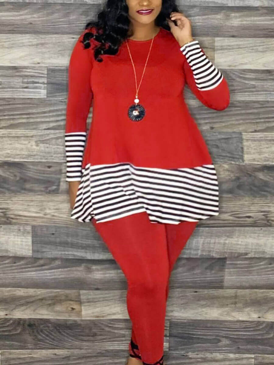 

Lovely Casual O Neck Striped Patchwork Croci Plus Size Two-piece Pants Set