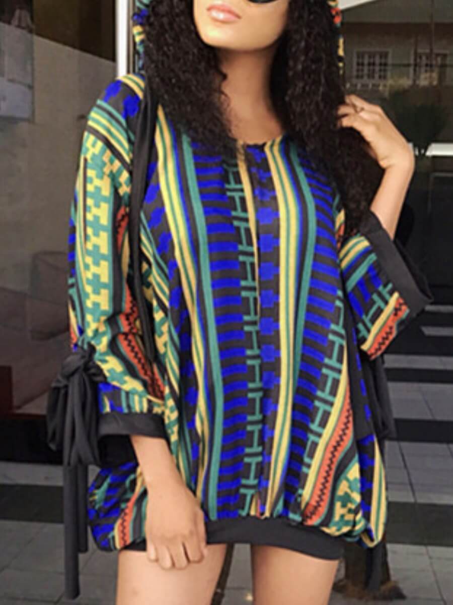 

Lovely Vintage Dropped Shoulder Sleeve Print Multicolor Mini Dress, Multi