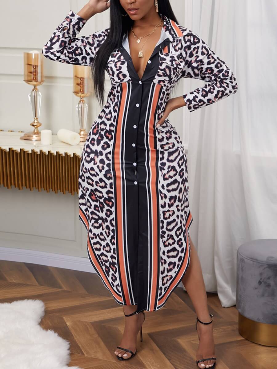 

Lovely Casual Leopard Print Striped Asymmetrical Mid Calf Shirt Dress