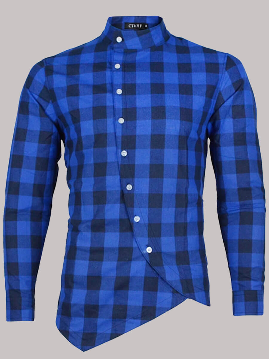 

Lovely Men Stylish Plaid Print Asymmetrical Royalblue Shirt