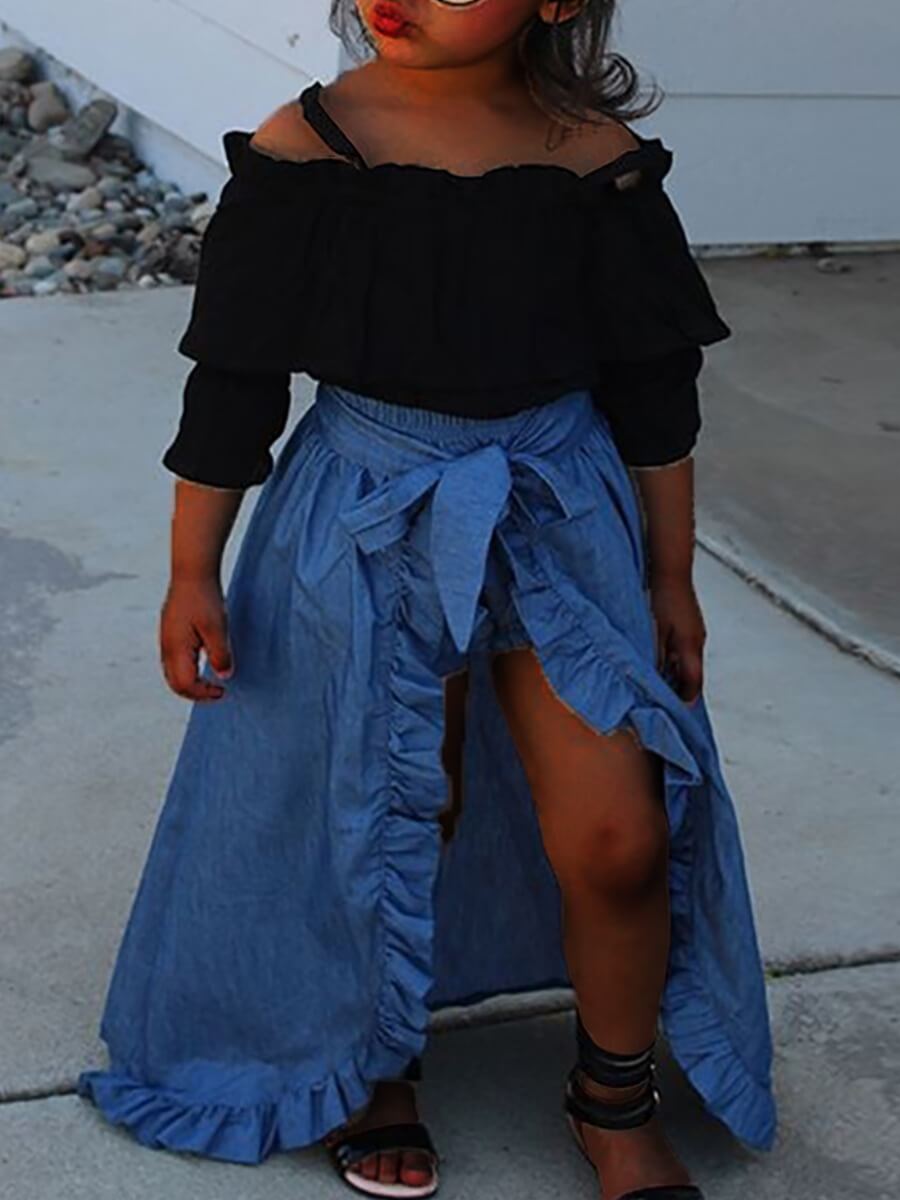 

Lovely Stylish Off The Shoulder Bandage Flounce Design Blue Girl Three Piece Skirt Set