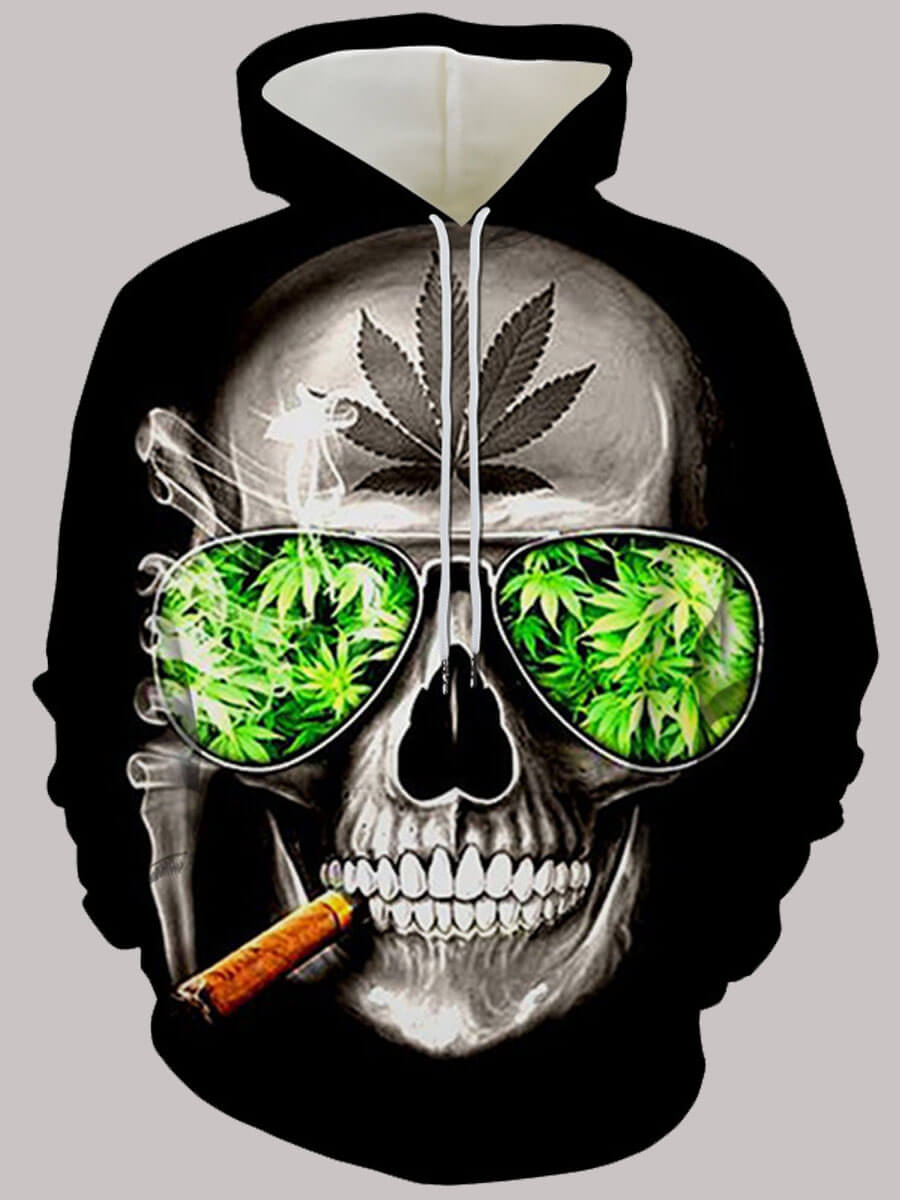 

Lovely Street Skull Print Kangaroo Pocket Black Men Hoodie