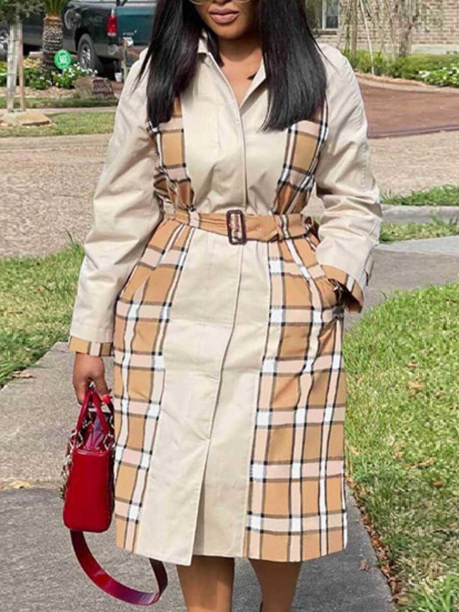 

Lovely Formal Plaid Print Metal Ring Decoration Khaki Trench Coat