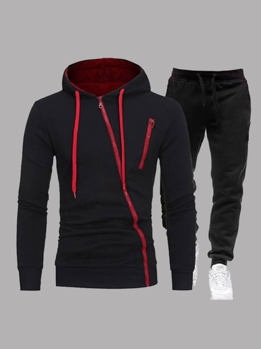 LovelyWholesale Men Hooded Collar Inclined Zipper Design Tracksuit Set Fall Long Sleeve Casual Basic Hooded Collar Spring Summer 2024
