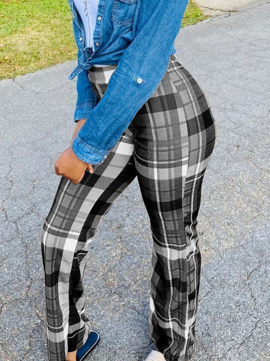

Lovely Trendy High-waisted Plaid Print Black Pants