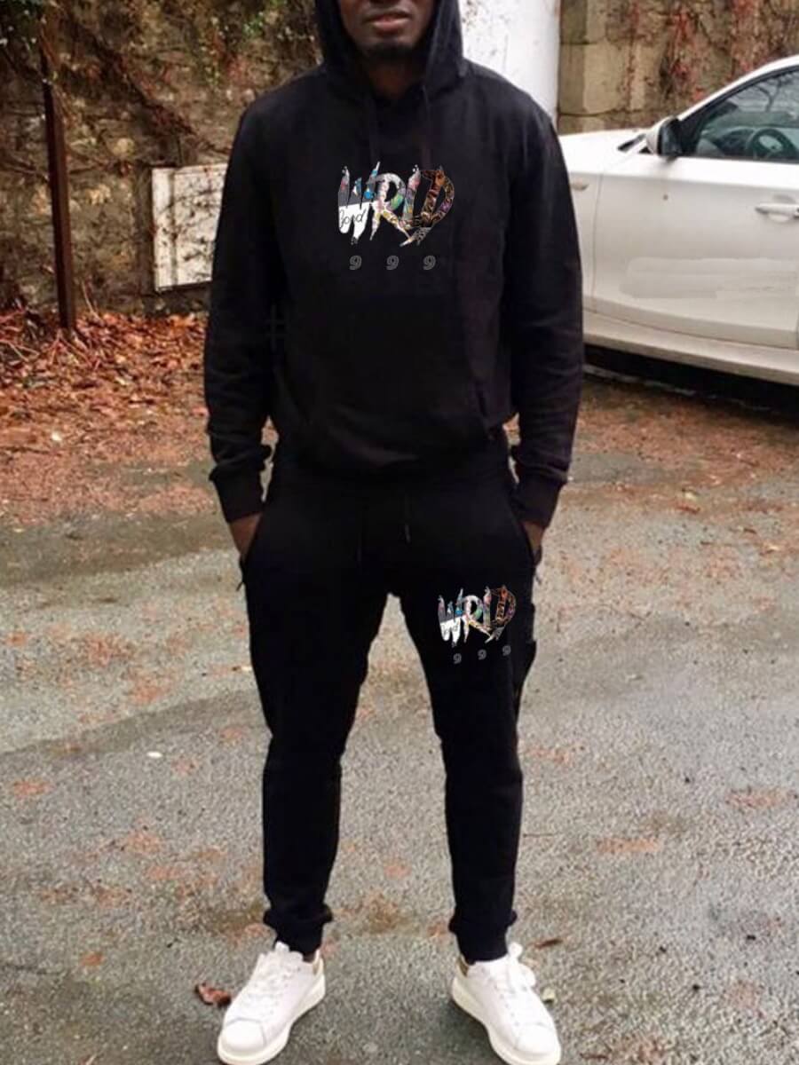 

Lovely Casual Hooded Collar Letter Print Black Men Two Piece Pants Set