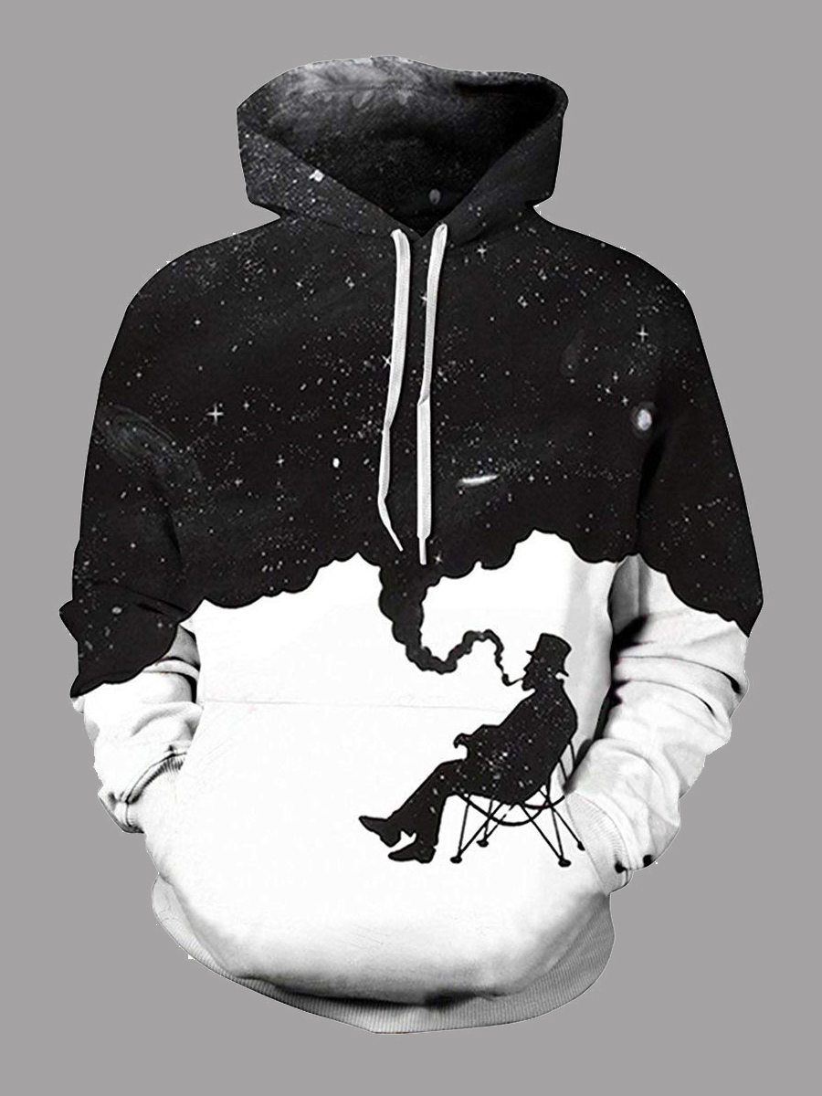 

Lovely Men Casual Starry Sky Print Kangaroo Pocket Black Hoodie