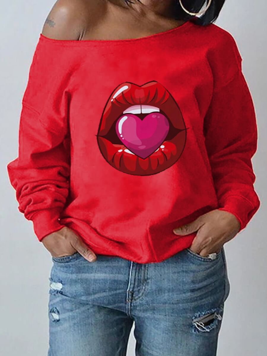 

Lovely Sweet Boat Neck Lip Heart-shaped Print Red Hoodie