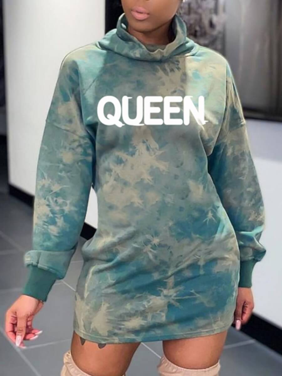 

Lovely Casual Turtleneck Letter Print Tie-dye Green Mini Dress