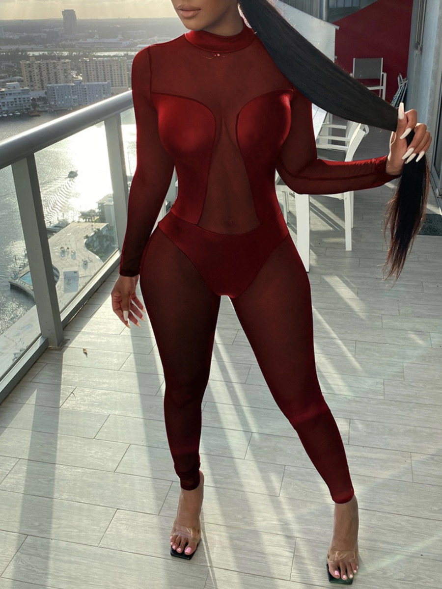 

Lovely Sexy O Neck See-through Patchwork Red One-piece Jumpsuit