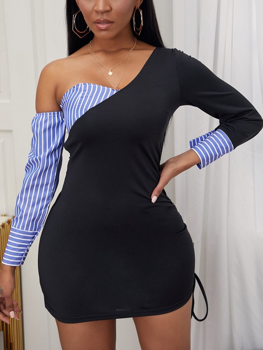 

Lovely Stylish One Shouder Patchwork Black Mini Dress