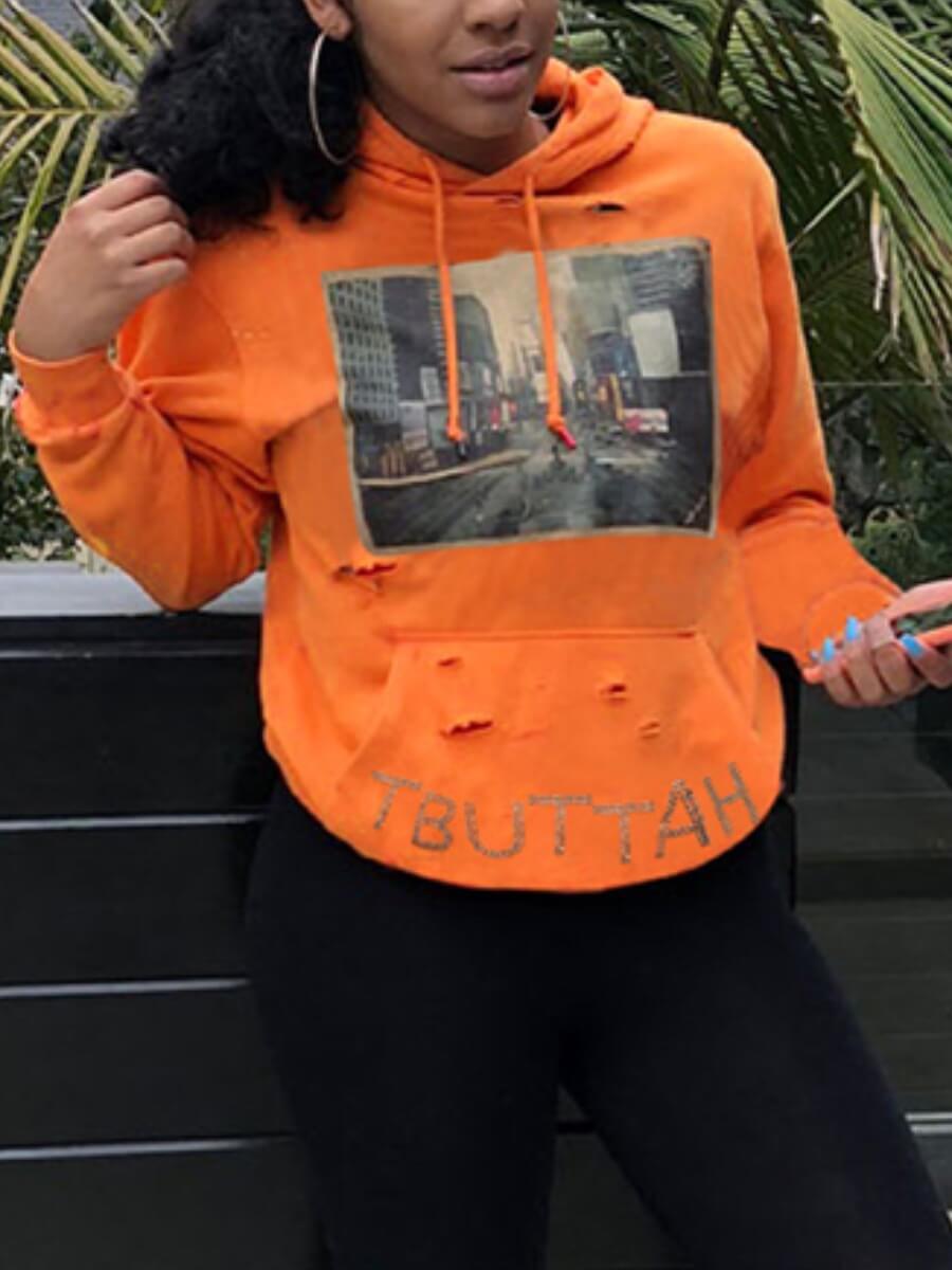 

Lovely Casual Street Letter Print Broken Holes Orange Hoodie