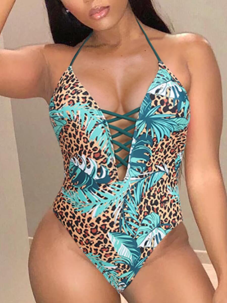 

Lovely Sweet Leopard Print Bandage Hollow-out Design Green One-piece Swimsuit