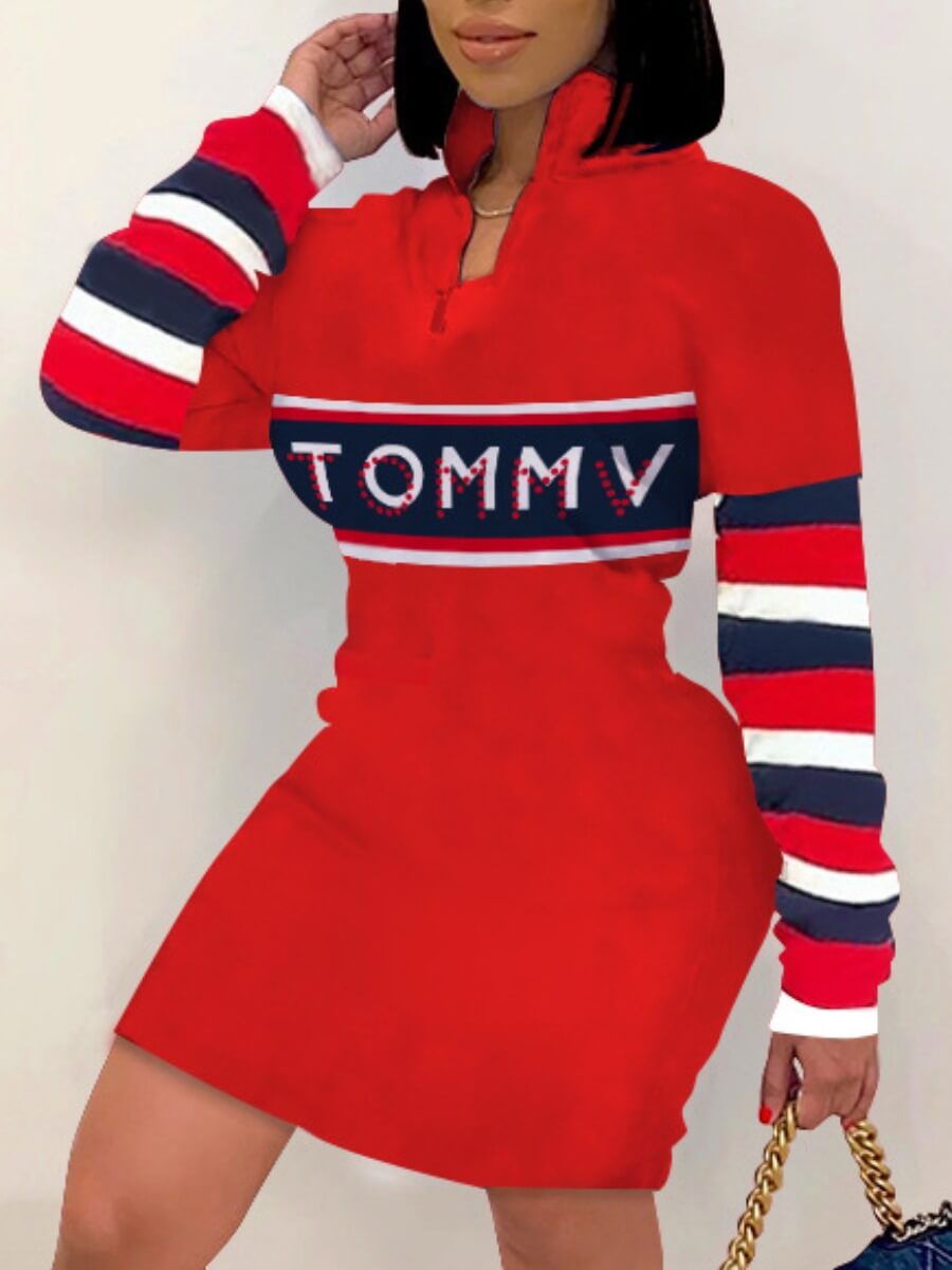 

Lovely Casual Striped Letter Print Red Knee Length Dress