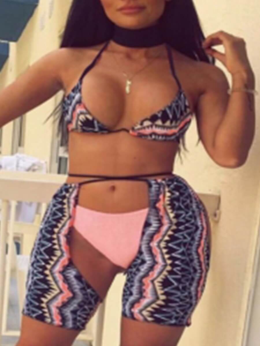 

Lovely Sexy Geometric Print Lace-up Pink Two-piece Swimsuit