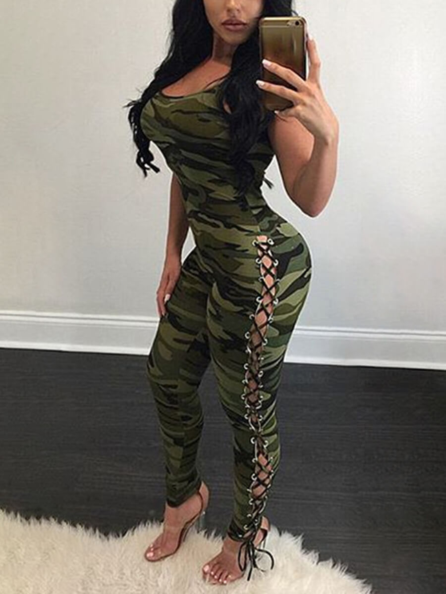 

Lovely Stylish Spaghetti Straps Print Bandage Design Camo One-piece Jumpsuit