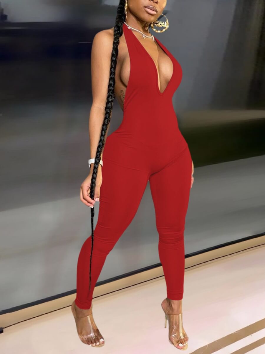 

LW SXY Deep V Neck Backless Red One-piece Jumpsuit