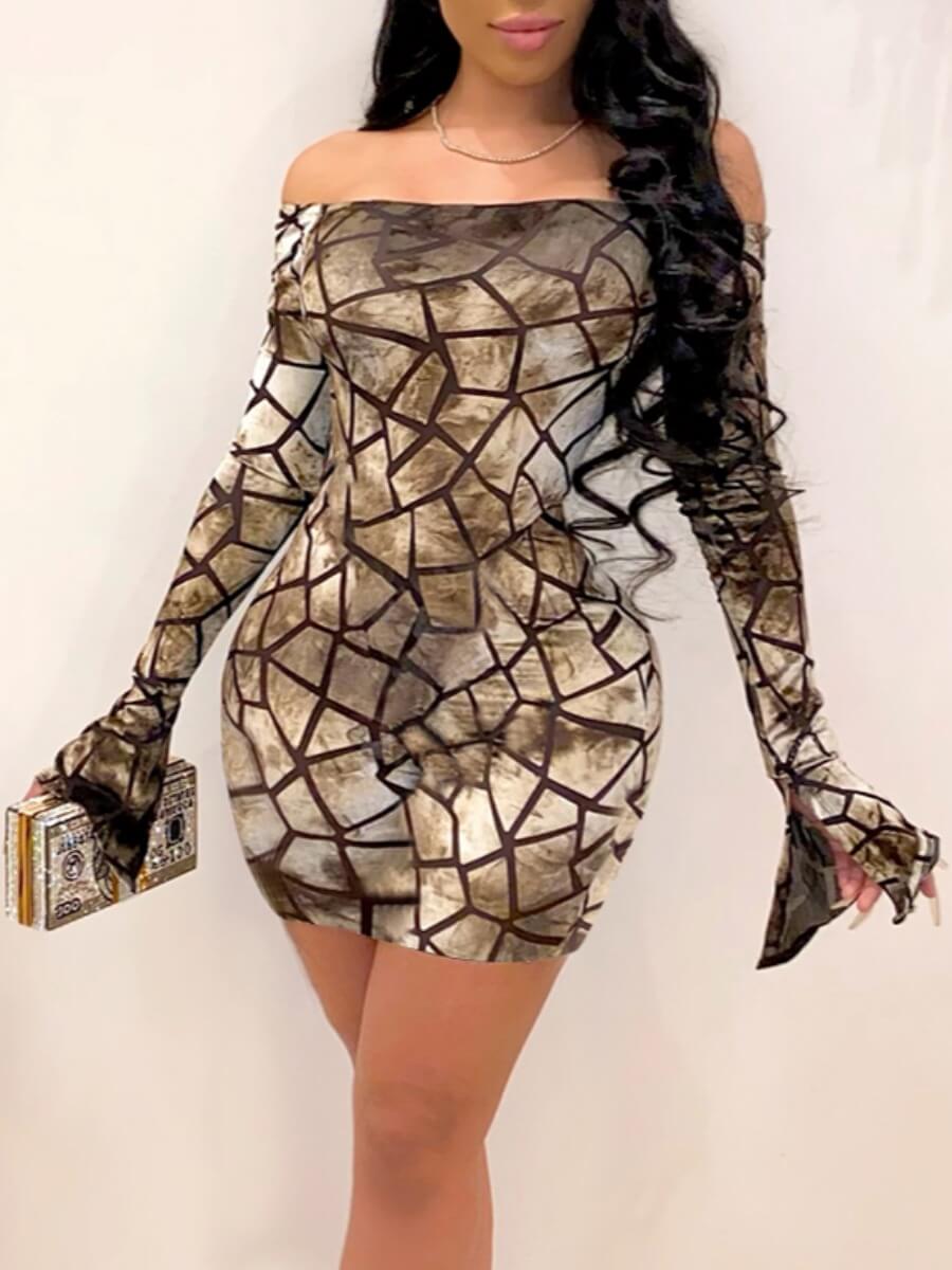

LW Off The Shoulder Print Flared Dress, Brown