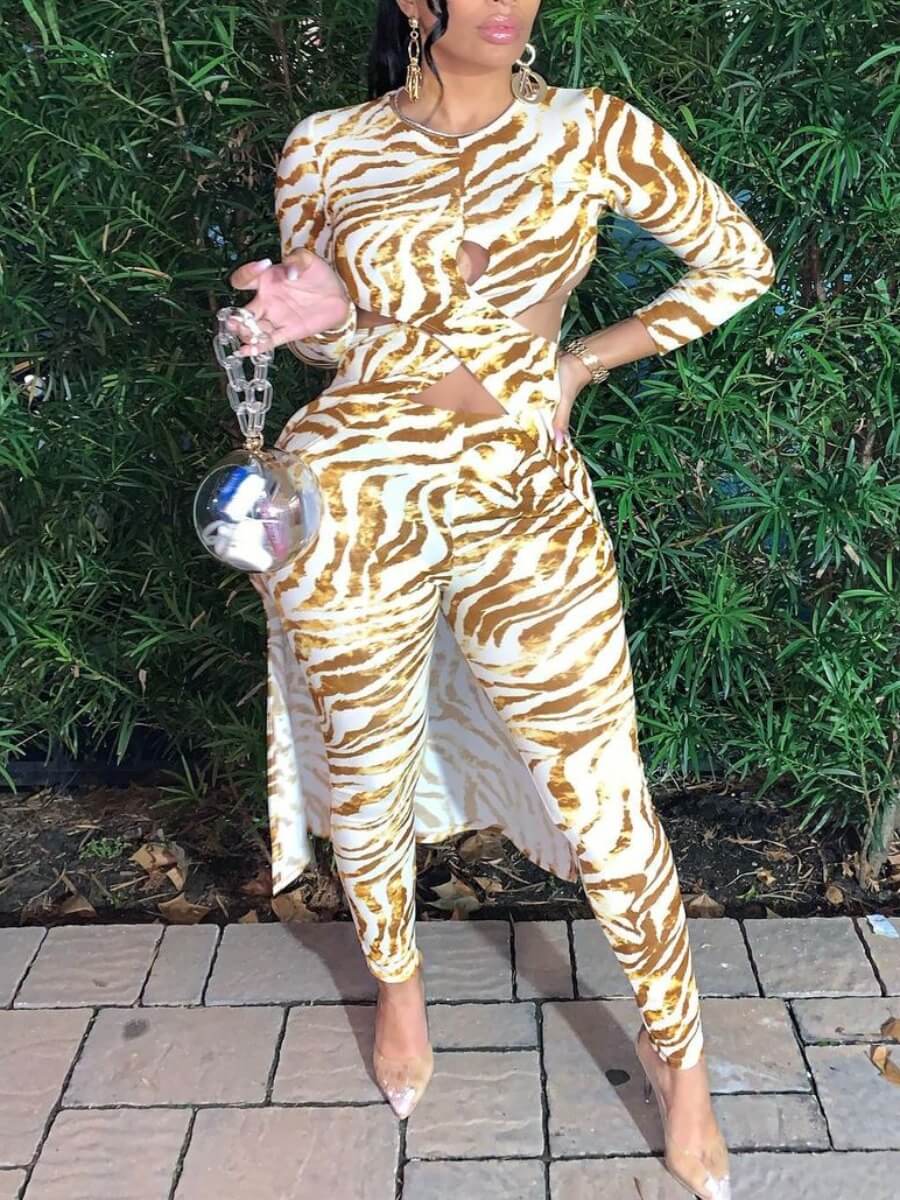

LW Stylish Animal Print Cross-over Design Yellow Two Piece Pants Set