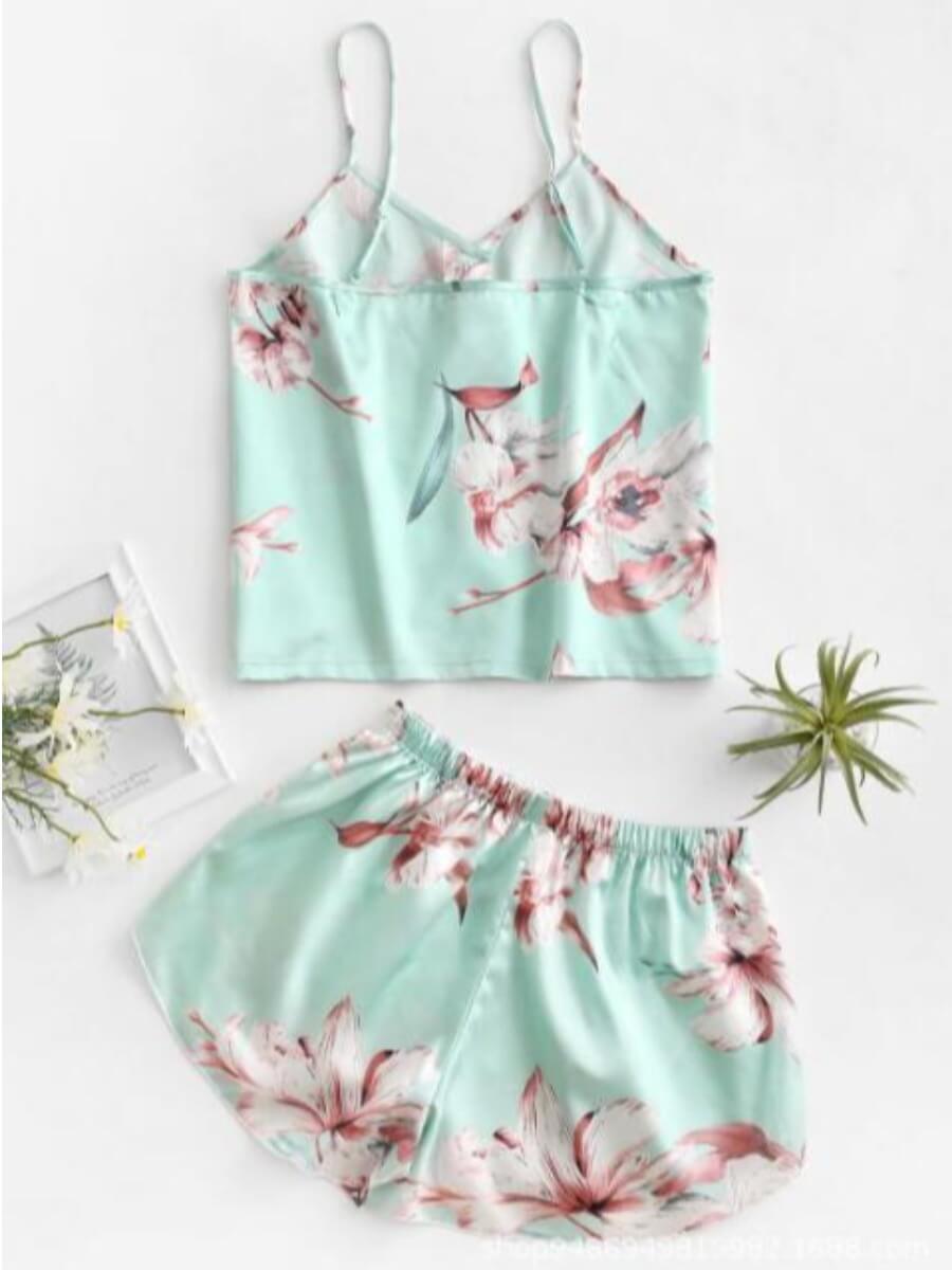 

Lovely Home Style Floral Print Patchwork Light Green Sleepwear