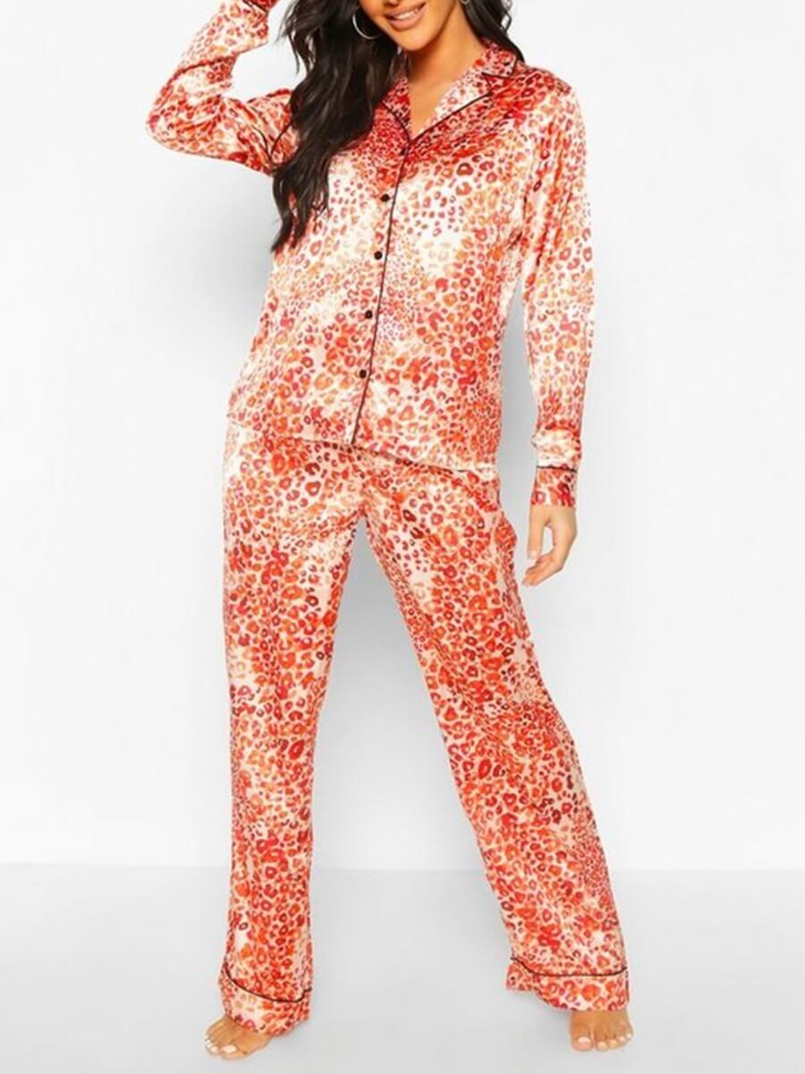 

Lovely Home Style Turndown Collar Leopard Print Jacinth Sleepwear