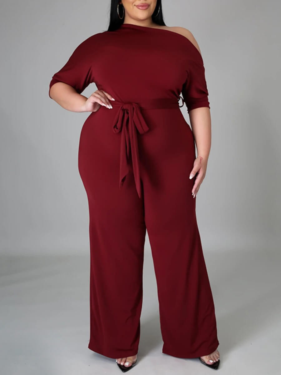 

Lovely Casual One Shouder Bandage Design Wine Red Plus Size One-piece Jumpsuit