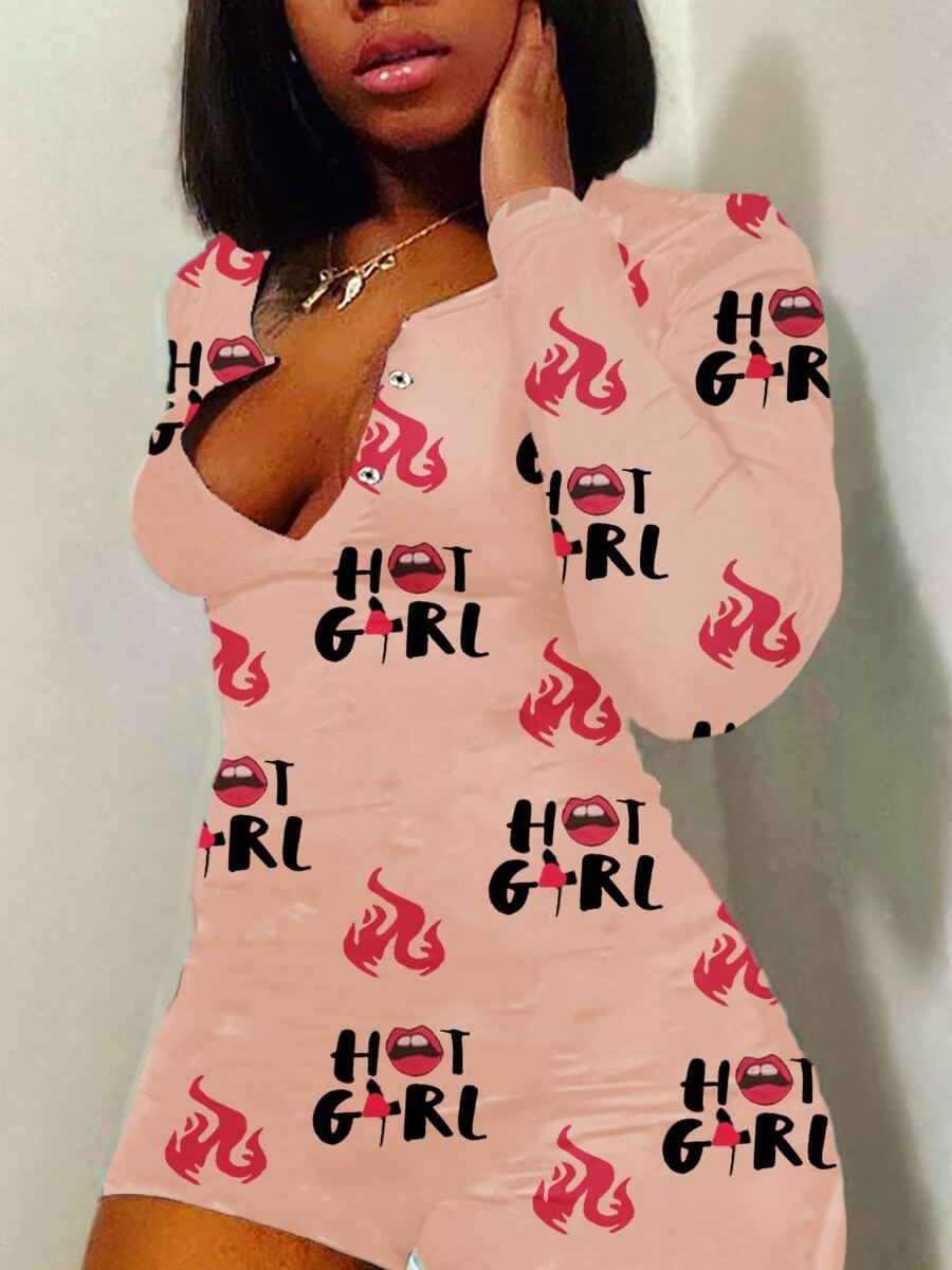

LW Lip Letter Print Khaki Romper